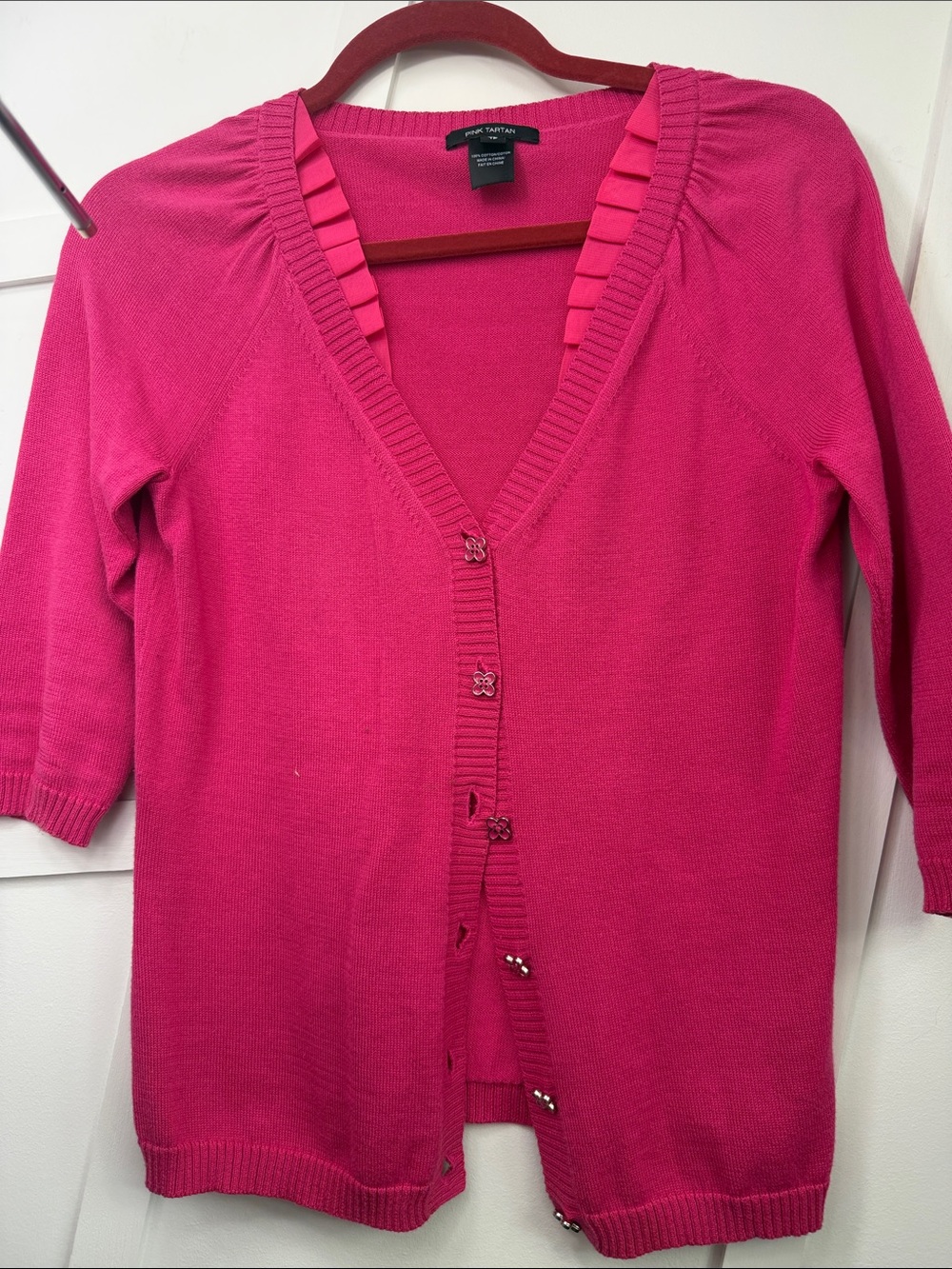 Pink Tartan Bright Pink Ruffle-Trim V-Neck Cardigan